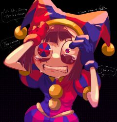 Rule 34 | 1girl, absurdres, asymmetrical gloves, blue eyes, blue gloves, blue headwear, blush stickers, brown hair, gloves, hat, hat bell, highres, jester, jester cap, jester costume, mismatched gloves, multicolored clothes, multicolored headwear, oum 04, pomni (the amazing digital circus), puffy short sleeves, puffy sleeves, red eyes, red gloves, red headwear, short sleeves, striped clothes, striped headwear, the amazing digital circus, two-tone eyes, vertical-striped bodysuit, vertical-striped clothes, vertical-striped headwear