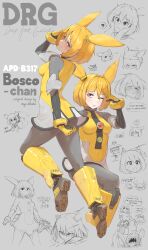 Rule 34 | 1girl, ;p, absurdres, blonde hair, borrowed character, breasts, collar, covered navel, deep rock galactic, highres, large breasts, mecha musume, multiple views, one eye closed, orange eyes, personification, robot, robot ears, robot girl, salute, short hair, sohugh2, tongue, tongue out