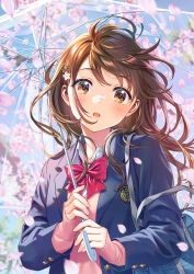 Rule 34 | 1girl, bag, blazer, blue jacket, blue sky, blush, bow, branch, brown eyes, brown hair, collared shirt, commentary request, day, flower, hair flower, hair ornament, hairclip, highres, holding, holding umbrella, jacket, long hair, long sleeves, looking at viewer, morikura en, open clothes, open jacket, original, outdoors, parted lips, petals, pink flower, pink sweater, red bow, school bag, school uniform, shirt, sky, sleeves past wrists, solo, sweater, transparent, transparent umbrella, umbrella, upper body, white shirt