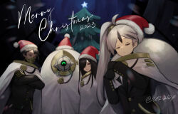 Rule 34 | 1girl, 2023, 3boys, ahoge, black gloves, black jacket, cape, closed eyes, crossed arms, esther (project moon), gauntlets, gloria (project moon), gloves, hands up, hat, highres, hubert (project moon), jacket, library of ruina, long hair, long sleeves, merry christmas, moribe denkou, multicolored hair, multiple boys, parted lips, project moon, robot, santa hat, side ponytail, streaked hair, very long hair, white cape, white hair, yan vismok