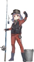 Rule 34 | 1girl, bad id, bad twitter id, blue hair, boots, bucket, dress, fishing rod, full body, hat, kantai collection, konishi (koconatu), official art, ooshio (kancolle), ooshio kai ni (kancolle), purple hair, red track suit, rubber boots, searchlight, shirt, short sleeves, short twintails, solo, track suit, transparent background, twintails, vest