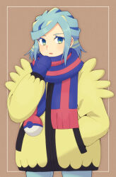 Rule 34 | 1boy, aqua hair, blue eyes, blue mittens, blue scarf, brown background, commentary request, cowboy shot, creatures (company), eyelashes, framed, game freak, grusha (pokemon), hand in pocket, hand up, highres, jacket, koroni (nkrgs), long sleeves, male focus, mittens, nintendo, open mouth, pants, poke ball print, pokemon, pokemon sv, scarf, sideways glance, solo, striped clothes, striped scarf, yellow jacket