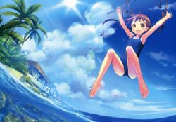 Rule 34 | 1girl, \o/, absurdres, armpits, arms up, bare legs, barefoot, beach, blush, brown eyes, brown hair, cloud, day, feet, highres, jumping, long hair, ocean, one-piece swimsuit, open mouth, original, outdoors, outstretched arms, scan, school swimsuit, sky, smile, solo, spread arms, sun, swimsuit, takoyaki (roast), toes, twintails, water