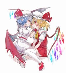 Rule 34 | 2girls, ascot, blonde hair, blue hair, blush, closed mouth, collared shirt, commentary, crystal, demon wings, flandre scarlet, full body, hair between eyes, hands on another&#039;s cheeks, hands on another&#039;s face, hat, hat ribbon, looking at another, mary janes, mob cap, multiple girls, osakanadream, pointy ears, puffy short sleeves, puffy sleeves, red eyes, red footwear, red ribbon, red skirt, red vest, remilia scarlet, ribbon, shirt, shoes, short hair, short sleeves, siblings, simple background, sisters, sitting, skirt, skirt set, smile, socks, thighhighs, touhou, vest, white background, white headwear, white shirt, white skirt, white socks, white thighhighs, wings, wrist cuffs, yellow ascot