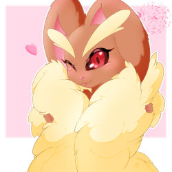 Rule 34 | 1girl, :3, artist name, black sclera, blush, body fur, border, brown fur, closed mouth, colored sclera, creatures (company), female focus, fluffy, furry, furry female, game freak, gen 4 pokemon, hands up, happy, heart, highres, looking at viewer, lopunny, nintendo, one eye closed, outline, outside border, pink background, pokemon, pokemon (creature), red eyes, simple background, smile, smoothpen, solo, two-tone fur, watermark, white border, white outline, wink, yellow fur