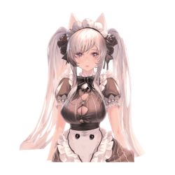 Rule 34 | animal ears, apron, bell, bow, bowtie, breasts, cat ears, cleavage, destiny child, flower, frills, hair flower, hair ornament, large breasts, looking at viewer, maid, maid apron, maid headdress, purple eyes, silver hair, sytry (destiny child), transparent background, twintails
