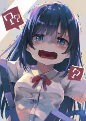 Rule 34 | 1girl, ?, ??, absurdres, asashio (kancolle), black hair, blue eyes, collared shirt, commentary request, dress shirt, highres, kantai collection, long hair, neckerchief, open mouth, red ribbon, ribbon, round teeth, shirt, short sleeves, solo, spoken question mark, suspenders, taisho (gumiyuki), teeth, trembling, upper body, upper teeth only, white shirt