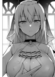 Rule 34 | 1girl, ascot, blush, braid, breasts, brooch, closed mouth, covered erect nipples, diisuke, expressionless, fingernails, french braid, greyscale, hair between eyes, hakase fuyuki, horns, jewelry, large breasts, long hair, looking at viewer, monochrome, nijisanji, paizuri invitation, solo, upper body, veil, virtual youtuber
