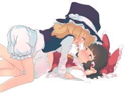 Rule 34 | 2girls, :o, all fours, blonde hair, bloomers, blouse, blush, bow, braid, brown hair, crying, crying with eyes open, d:, detached sleeves, eye contact, girl on top, hair bow, hair ribbon, hair tubes, hakurei reimu, imminent kiss, kirisame marisa, large bow, long hair, long sleeves, looking at another, lying, multiple girls, no pants, on back, open mouth, ribbon, ripu (lipi), shirt, side braid, single braid, tears, touhou, underwear, vest, wavy hair, wide sleeves, yuri