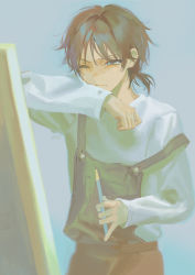 Rule 34 | 1boy, absurdres, bishounen, blue background, blue eyes, blue sweater, brown hair, canvas (object), closed mouth, commentary request, crying, highres, holding, holding pencil, long sleeves, male focus, one eye closed, original, overalls, pencil, short hair, short ponytail, solo, sweater, tears, torino kawazu, upper body, wiping face