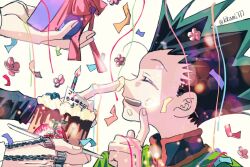 Rule 34 | 4boys, :d, ^ ^, birthday, birthday cake, black hair, box, cake, chain, closed eyes, confetti, cream, cream on face, finger on nose, flower, food, food on face, from side, gift, gift box, gon freecss, green hair, green jacket, highres, holding, holding gift, holding plate, hunter x hunter, jacket, killua zoldyck, kkumi777, kurapika, leorio paladiknight, long sleeves, male focus, multicolored hair, multiple boys, open mouth, plate, short hair, simple background, smile, solo focus, spiked hair, twitter username, two-tone hair, white background