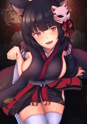 Rule 34 | 1girl, :d, animal ears, azur lane, black hair, blunt bangs, blush, breasts, cat ears, cat mask, highres, japanese clothes, kimono, kisaragi chiyuki, large breasts, looking at viewer, mask, mask on head, open mouth, paw pose, red eyes, short hair, sideboob, smile, solo, thighhighs, white thighhighs, wide sleeves, yamashiro (azur lane)