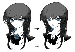 Rule 34 | 1girl, ado (utaite), before and after, black bow, black bowtie, black hair, blue hair, bow, bowtie, chando (ado), chinese commentary, chinese text, closed mouth, cloud nine inc, colored inner hair, commentary request, cropped torso, flower brooch, highres, long hair, mole, mole under eye, multicolored hair, multiple views, phossscinnn, simple background, translation request, two-tone hair, upper body, utaite, white background