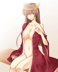 Rule 34 | 1girl, animal ears, breasts, brown eyes, brown hair, cat ears, cleavage, japanese clothes, jyuru, kimono, large breasts, legs, long hair, naked kimono, navel, open clothes, open robe, original, robe, sitting, solo, thighs