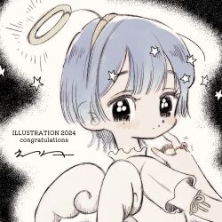 Rule 34 | 1girl, 2024, angel, angel wings, blue hair, closed mouth, english text, fake halo, from side, fuminooco, halo, hand up, hashtag-only commentary, illustration.media, jewelry, looking at viewer, looking to the side, original, ornate ring, ring, short hair, short sleeves, solo, star (symbol), upper body, wings