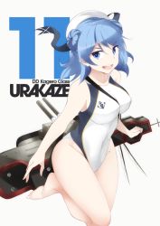 Rule 34 | 10s, 1girl, alternate costume, anchor symbol, bad id, bad pixiv id, bare arms, bare legs, barefoot, blue eyes, blue hair, breasts, character name, collarbone, competition swimsuit, double bun, eyebrows, groin, hair bun, hat, kantai collection, large breasts, leg up, looking to the side, machinery, one-piece swimsuit, open mouth, sailor hat, shigino sohuzi, simple background, sleeveless, solo, swimsuit, urakaze (kancolle)