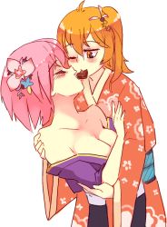 Rule 34 | 2girls, ;), alternate costume, bare shoulders, blush, breasts, candy, chocolate, chocolate heart, closed eyes, commentary, fate/grand order, fate (series), flower, food, fujimaru ritsuka (female), hair between eyes, hair flower, hair ornament, heart, hug, japanese clothes, kimono, large breasts, mash kyrielight, mouth hold, multiple girls, off shoulder, one eye closed, orange eyes, orange hair, pink hair, rtil, shared food, short hair, simple background, smile, white background, yuri