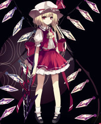 Rule 34 | 1girl, bad id, bad pixiv id, black footwear, blonde hair, bobby socks, bow, buttons, closed mouth, commentary request, crystal, flandre scarlet, frilled shirt collar, frilled skirt, frilled sleeves, frills, green night, hat, hat bow, holding, holding weapon, looking at viewer, mary janes, mob cap, pigeon-toed, polearm, puffy short sleeves, puffy sleeves, red bow, red eyes, red ribbon, red skirt, red vest, ribbon, shirt, shoes, short sleeves, skirt, skirt set, socks, solo, spear, standing, touhou, vest, weapon, white hat, white shirt, white socks, wings, yellow neckwear