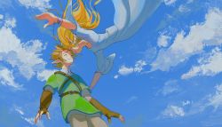 Rule 34 | 1boy, 1girl, absurdres, armor, bigskycastle, blonde hair, blue sky, brown hair, chainmail, commentary, dress, earrings, english commentary, falling, forehead-to-forehead, green tunic, hair tubes, heads together, highres, jewelry, link, long dress, long hair, nintendo, outstretched arms, pointy ears, princess zelda, short hair, sidelocks, sky, smile, the legend of zelda, the legend of zelda: skyward sword, white dress