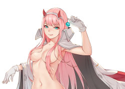 Rule 34 | 10s, 1girl, :q, aqua eyes, breasts, candy, darling in the franxx, food, gloves, hair over breasts, highres, horns, long hair, looking at viewer, medium breasts, navel, nude, pink hair, qaq, simple background, solo, tongue, tongue out, upper body, white background, white gloves, zero two (darling in the franxx)