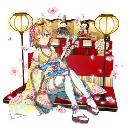 Rule 34 | 1girl, ;), blonde hair, blue eyes, breasts, choker, cleavage, collarbone, detached sleeves, floral print, flower, full body, highres, hinadan, holding, japanese clothes, kimono, long sleeves, looking at viewer, medium breasts, miniskirt, official art, one eye closed, philia (sao), pink flower, pleated skirt, print kimono, print sleeves, short hair, skirt, sleeveless, sleeveless kimono, smile, solo, sword art online, tabi, thighhighs, transparent background, white skirt, white thighhighs, wide sleeves, yellow kimono, yellow sleeves