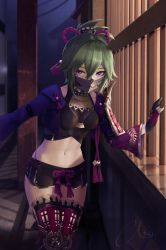 Rule 34 | 1girl, anri (anriplu), black shirt, black shorts, breasts, commentary request, cowboy shot, crop top, cropped jacket, genshin impact, gloves, green hair, hair between eyes, highres, jacket, kuki shinobu, long sleeves, looking at viewer, mask, medium breasts, midriff, mouth mask, nail polish, navel, night, open clothes, open jacket, outdoors, ponytail, purple eyes, purple jacket, shirt, short hair, short shorts, shorts, solo, standing, stomach, thighhighs, thighs