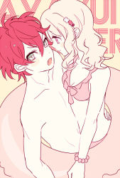 Rule 34 | 10s, 1boy, 1girl, adam&#039;s apple, bikini, blonde hair, blush, bracelet, breasts, character name, closed mouth, curly hair, diabolik lovers, fang, flat color, flower, green eyes, hair ornament, hairpin, hetero, jewelry, kiri (qoo), komori yui, lifebuoy, looking at another, looking away, navel, open mouth, petite, pink eyes, red hair, rejet, ribbon, sakamaki ayato, simple background, small breasts, smile, swim ring, swimsuit, topless male, upper body, vampire, yellow background