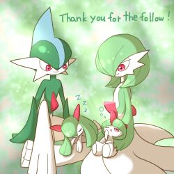 Rule 34 | 1boy, 1other, 2girls, arm at side, arms at sides, blue hair, blunt bangs, bob cut, bowl cut, breasts, closed eyes, closed mouth, colored skin, creatures (company), english text, eye contact, family, flat chest, gallade, game freak, gardevoir, gen 3 pokemon, gen 4 pokemon, green background, green hair, green skin, green theme, hair over one eye, half-closed eye, half-closed eyes, hand to own mouth, hand up, happy, kirlia, knee up, looking at another, looking down, looking up, lying, medium breasts, mohawk, monya, multicolored hair, multicolored skin, multiple girls, nintendo, on stomach, one eye closed, one eye covered, pokemon, pokemon (creature), ralts, red eyes, short hair, sidelocks, sitting, sitting on lap, sitting on person, squeans, sleeping, smile, two-tone hair, two-tone skin, u u, white skin, yawning, zzz