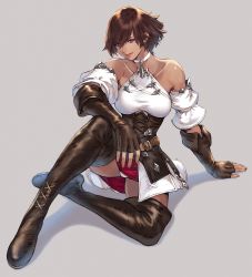 Rule 34 | 1girl, arm support, bare shoulders, blue eyes, boots, breasts, brown footwear, brown gloves, brown hair, closed mouth, collarbone, commentary request, dark-skinned female, dark skin, elbow gloves, final fantasy, final fantasy xiv, fingerless gloves, fingernails, full body, gloves, halterneck, highres, hyur, lips, makimura shunsuke, medium breasts, mole, mole under eye, panties, red skirt, shadow, short hair, simple background, sitting, skirt, sleeveless, solo, thigh boots, thighhighs, underwear, white panties