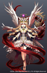Rule 34 | 1girl, aura, barefoot, black background, blonde hair, chaos therese, copyright notice, dress, energy, flower, full body, gradient background, grimms notes, hair flower, hair ornament, halo, high-low skirt, long hair, multiple wings, official art, sacanahen, shaded face, solo, staff, weapon, wings