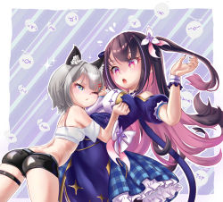 Rule 34 | &gt; &lt;, &gt;o&lt;, 2girls, :3, :o, :x, > <, animal ear fluff, animal ears, arms up, black hair, black shorts, blue dress, blue eyes, blue nails, blue ribbon, blush, border, bow, grabbing another&#039;s breast, cheek press, clothing cutout, colored inner hair, commentary, crop top, dress, flower, flying sweatdrops, grabbing, gradient eyes, grey hair, hair flower, hair ornament, hair ribbon, hairclip, highres, hina misora, jpml, kemonomimi mode, long hair, medium hair, multicolored eyes, multicolored hair, multiple girls, nail polish, one eye closed, outside border, pink eyes, pink hair, plaid, plaid dress, puffy short sleeves, puffy sleeves, purple background, ribbon, rurine luna, shirt, short shorts, short sleeves, shorts, shoulder cutout, spanish commentary, sparkle print, streaked hair, symbol-shaped pupils, thigh strap, two-tone hair, two side up, virtual youtuber, wactor production, white border, white bow, white flower, white shirt, wolf ears, wrist cuffs, x3, yellow eyes