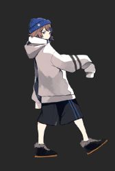 Rule 34 | 1girl, arm at side, badge, beanie, black eyes, black footwear, black shorts, blue hat, brown hair, button badge, closed mouth, fashion, from side, full body, fur trim, hands in opposite sleeves, hat, hood, hood down, hooded jacket, jacket, long sleeves, looking at viewer, nanakawa (nanasoon), original, outstretched arm, shoes, short hair, shorts, simple background, sleeves past wrists, smiley face, solo, streetwear, swept bangs, walking