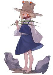 Rule 34 | 1girl, bad id, bad pixiv id, barefoot, blonde hair, blue skirt, brown headwear, cattail, commentary request, full body, hand up, highres, holding, long sleeves, looking at viewer, moriya suwako, orange eyes, plant, purple vest, rain, shirt, short hair with long locks, simple background, skirt, solo, standing, suminagashi, touhou, vest, white background, white shirt, wide sleeves
