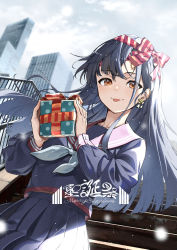 Rule 34 | 1girl, :p, absurdres, blouse, blue hair, bow, box, building, commentary request, earrings, floating hair, gift, gift box, hair ribbon, hands up, highres, holding, holding gift, jewelry, kabu (niniko2ko), long sleeves, looking at viewer, merry christmas, neckerchief, orange eyes, original, pleated skirt, railing, ribbon, sailor collar, school uniform, serafuku, shirt, skirt, sky, snowing, solo, stairs, tongue, tongue out, upper body, white neckerchief, wind