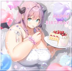 Rule 34 | 1girl, agano mai, aqua eyes, artist request, balloon, bare shoulders, black wings, blurry, blurry foreground, blush, border, breasts, bubble, cake, cleavage, closed mouth, commentary, diamond (shape), english commentary, english text, fat, food, fork, fruit, hair between eyes, hair ornament, hairclip, happy birthday, highres, holding, holding fork, huge breasts, indie virtual youtuber, long hair, looking at viewer, mini wings, multicolored hair, outside border, pink hair, plate, red nails, sample watermark, shadow, solo, strawberry, strawberry shortcake, thick arms, two-tone hair, upper body, virtual youtuber, watermark, white border, white hair, wings
