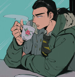 Rule 34 | 1boy, absurdres, black eyes, black hair, black sweater, closed mouth, coat, collared shirt, commentary request, cup, expressionless, gin to kin, green coat, hair slicked back, highres, holding, holding cup, inudori, long sleeves, looking afar, low ponytail, male focus, morita tetsuo, multiple boys, shirt, short hair, solo, steam, sweater, teacup, upper body