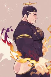 Rule 34 | 1boy, ass, bara, black bodysuit, black hair, blush, bodysuit, bursting pectorals, facial hair, fire, flaming halo, flaming hand, from side, halo, highres, hip vent, large pectorals, looking at viewer, male focus, mature male, muscular, muscular male, pectorals, po fu, short hair, sideburns, solo, stomach, stubble, thick thighs, thighs, tokyo houkago summoners, zabaniyya (housamo)