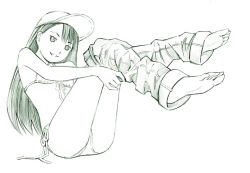 Rule 34 | 1girl, barefoot, bikini, feet, front-tie top, green theme, long hair, monochrome, original, parted lips, side-tie bikini bottom, sketch, smile, soles, solo, swimsuit, toes, traditional media, undressing, yoshitomi akihito