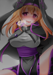 Rule 34 | 1girl, arms behind back, blush, breasts, breath, capelet, cross, dress, empty eyes, habit, hal (harun), heart, heart-shaped pupils, heavy breathing, large breasts, long hair, looking at viewer, offset spanner (ole tower), ole tower, open mouth, orange hair, purple eyes, saliva, smile, solo, spread legs, symbol-shaped pupils, taut clothes, translation request