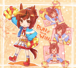 Rule 34 | 1girl, :&gt;, :o, = =, animal ears, arms up, belt, blue jacket, blush, bow, bowtie, brown hair, chibi, english text, flat chest, hands on own hips, holding, holding pom poms, horse ears, horse girl, horse tail, jacket, long sleeves, looking at viewer, midriff, miniskirt, multicolored hair, multiple views, navel, nice nature (run&amp;win) (umamusume), nice nature (umamusume), one eye closed, open clothes, open jacket, outline, pom pom (cheerleading), pom poms, ponytail, projected inset, red footwear, ruzuki aaa, sailor collar, shirt, shoes, short hair, skirt, smile, sneakers, socks, streaked hair, tail, umamusume, white outline, white shirt, white skirt, white socks, x navel, | |