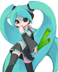 Rule 34 | 1girl, detached sleeves, green eyes, green hair, hatsune miku, kty (04), long hair, lowres, matching hair/eyes, necktie, skirt, solo, spring onion, thighhighs, twintails, very long hair, vocaloid