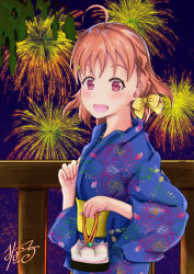 Rule 34 | 1girl, absurdres, artist name, artist request, back bow, blue kimono, blush, bow, breasts, female focus, fireworks, floral print, flower print, highres, holding, japanese clothes, kimono, looking at viewer, love live!, love live! school idol festival, love live! sunshine!!, medium breasts, minaichi, night, night sky, orange hair, outdoors, parted lips, red eyes, short hair, sky, smile, solo, stairs, star (sky), striped clothes, striped kimono, takami chika
