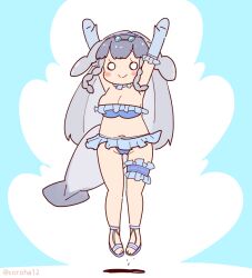 Rule 34 | 1girl, american manatee (kemono friends), arms up, bikini, blue background, choker, coroha, elbow gloves, fins, frills, full body, gloves, grey hair, hair ornament, head fins, jumping, kemono friends, long hair, looking at viewer, manatee girl, navel, sandals, simple background, solo, swimsuit, tail