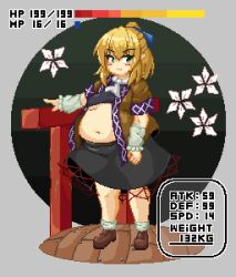 Rule 34 | 1girl, alternate body size, belly, black skirt, blonde hair, blush stickers, breasts, brown shirt, commentary request, cropped shirt, fat, full body, green eyes, hair ribbon, medium breasts, mizuhashi parsee, navel, nerizou, pixel art, ponytail, ribbon, shirt, skirt, smile, solo, touhou, underboob, undersized clothes, wooden floor