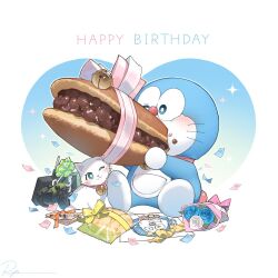 Rule 34 | bell, blue flower, blue heart, bouquet, bread, cat, confetti, dessert, doodles, doraemon, doraemon (character), dorayaki, eating, flower, food, happy birthday, holding, holding food, jingle bell, melon bread, neck bell, no humans, one eye closed, pink ribbon, red bean paste, red nose, red ribbon, ribbon, robot, ryota (ry o ta), sitting, toy car, waffle, wagashi, white cat, white flower, yellow ribbon
