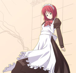 Rule 34 | 00s, 1girl, apron, arms behind back, black eyes, bow, bowtie, from below, hisui (tsukihime), leaning back, maid, maid apron, maid headdress, red hair, senji (tegone spike), short hair, solo, tsukihime