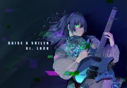 Rule 34 | 1girl, absurdres, asahi rokka, bang dream!, blue eyes, character name, commentary request, dark background, electric guitar, glitch, glowing, glowing eyes, green eyes, group name, guitar, highres, instrument, koh (user kpcu7748), lock (bang dream!), long hair, long sleeves, looking at viewer, music, playing instrument, plectrum, puffy sleeves, shiny clothes, solo, strandberg guitars