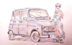 Rule 34 | 1girl, aria (manga), aria company uniform, blue bow, blue bowtie, blue car, blue gloves, boots, bow, bowtie, car, cwind, dress, eyelashes, fingerless gloves, full body, gloves, gold trim, hair tubes, hand on own hip, mizunashi akari, motor vehicle, open mouth, pantyhose, pink hair, purple pantyhose, renault 4, shadow, short hair with long locks, short sleeves, side slit, sketch, solo, standing, traditional media, vehicle focus, white dress, white footwear