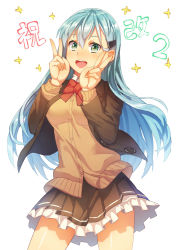 Rule 34 | 10s, 1girl, :d, brown jacket, brown skirt, brown sweater, cardigan, congratulations, double v, green eyes, green hair, hair ornament, hairclip, jacket, kantai collection, kibamigohann, long hair, long sleeves, neck ribbon, open mouth, pleated skirt, red ribbon, remodel (kantai collection), ribbon, school uniform, simple background, skirt, smile, solo, suzuya (kancolle), teeth, v, white background