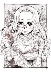 Rule 34 | 1girl, blush, bra, breasts, cellphone, cleavage, cleavage cutout, clothing cutout, female focus, flower, glasses, highres, jewelry, large breasts, long hair, long sleeves, looking at viewer, meme attire, monochrome, necklace, open-chest sweater, open mouth, original, phone, ribbed sweater, smartphone, smile, solo, sweater, takanashi ringo, underwear